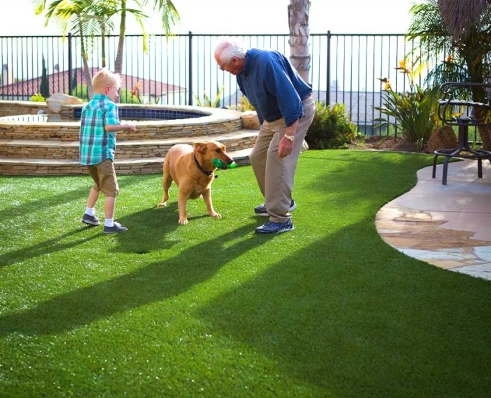 old man and grandson with dog outdoors on their artificial grass lawn