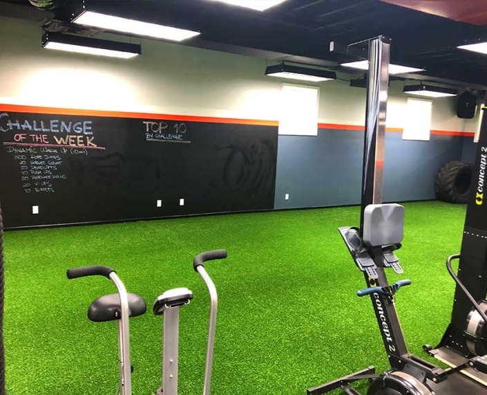 indoor athletic artificial grass with workout equipment
