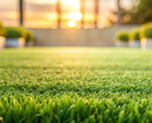 Close-up of lush green grass with sunlight in the background.